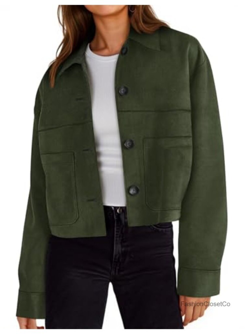 Womens Cropped Faux Suede Jacket Lapel Collar Button Shacket Lightweight